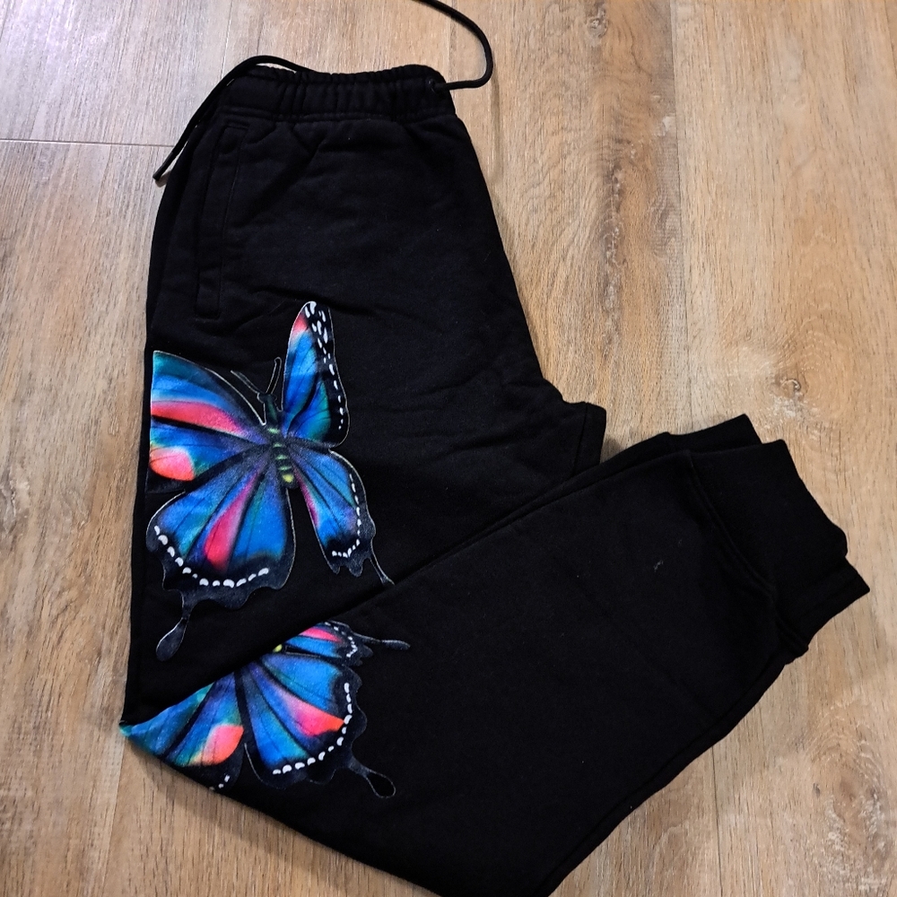 Eternity BC/AD Black Sweatpants Blue Multicolored Patched Butterflies  Size Med
